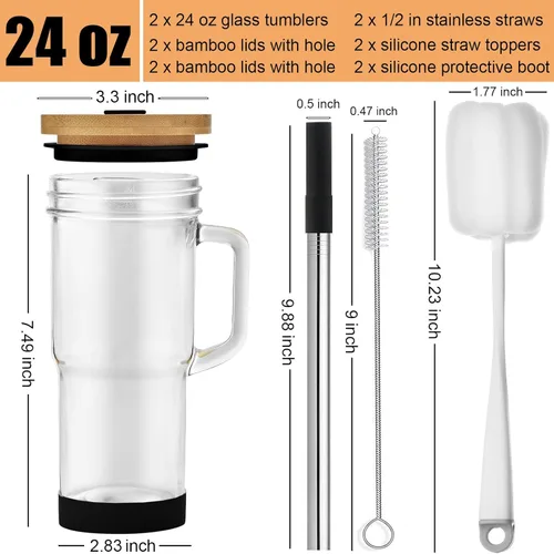 Vista 2 de ALINK Vasos de vidrio con tapas y pajitas, vaso de 24 onzas con asa, funda de silicona, puntas, cepillo, tazas de café helado reutilizables