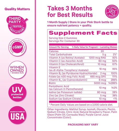 Vista 6 de Pink Stork Gomitas posparto para la pérdida del cabello Biotina, ácido pantoténico, vitamina E, B6, B12 Crecimiento posparto del cabello + apoyo