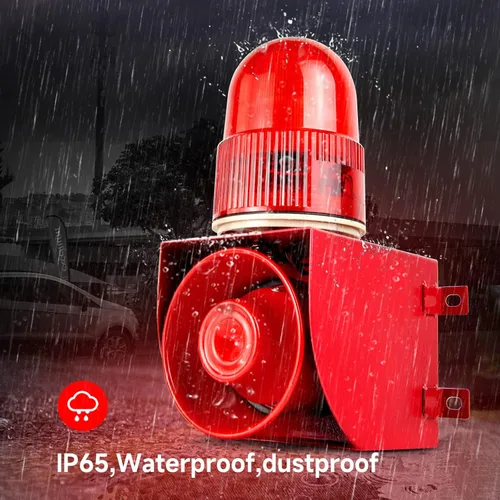 Vista 7 de Sensor de movimiento alarma 120dB cuerno de volumen ajustable Tonos de volumen impermeable LED luz estroboscópica sirenas Detector de movimiento