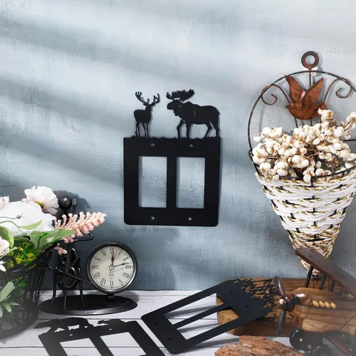 Vista 2 de Lothee 6 piezas de placa de metal para interruptor de luz de oso, alce, árbol, montaña, alce, bosque, placa de salida, cubierta de pared