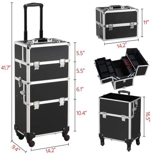 Vista 4 de Yaheetech Rolling Makeup Train Case 3 in 1 Cosmetic Makeup Case Large Aluminum Trolley Makeup Travel Case Professional Rolling Cosmetic Beauty