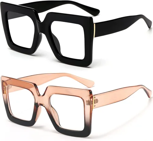 Vista 14 de Gafas de luz azul extragrandes para mujer, moda, gafas de computadora de lente cuadrada gruesa, sin receta, gafas negras, A1 negro