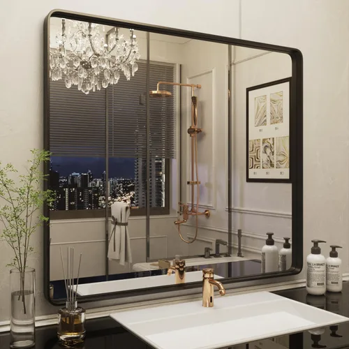 Vista 59 de ISKM Espejo de baño con marco de metal negro para pared de 40 x 32 pulgadas, espejo rectangular redondeado, antioxidante (horizontal/vertical)