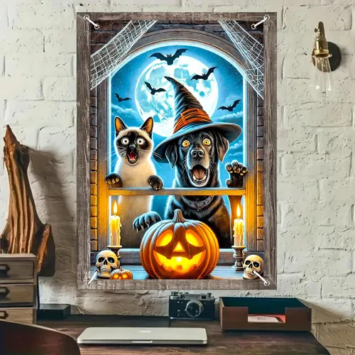 BlissYard Decoración de ventana de Halloween de 31 x 47 pulgadas, cubierta de ventana de Halloween, espeluznante gato, perro, murciélagos, pancarta