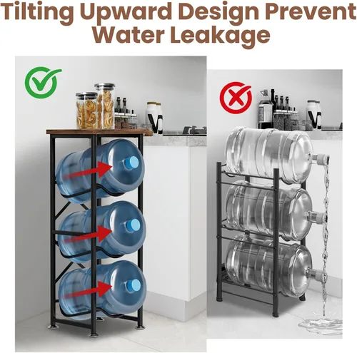 Vista 6 de Soporte para garrafones de agua de 5 galones, estante para botellas de agua de 3 niveles con estante superior de madera, estante resistente
