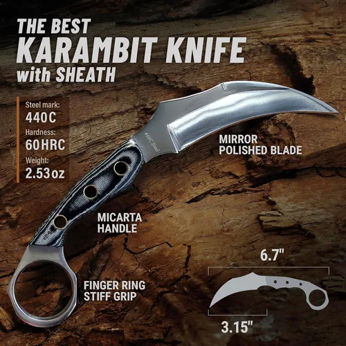 Vista 3 de Cuchillo táctico Karambit con funda - Mango de Micarta - Hoja fija de acero 440C pulida en espejo - Pequeños Karambits para camping, caza