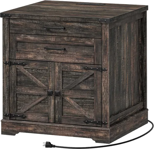 Vista 9 de RALGEND Farmhouse End Table with Charging Station, 24'' Sofa Side Table with 2 Drawers and Barn Door, Large Rustic Wooden Square Nightstand for