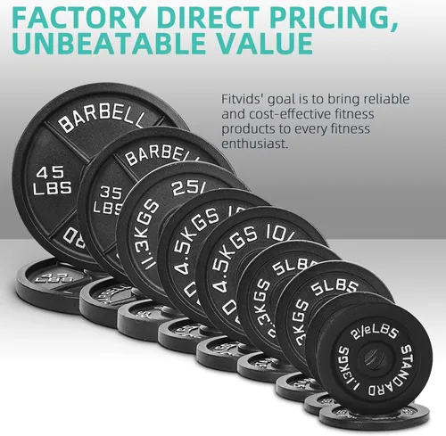 Vista 4 de Fitvids Barbell Weight Set, Cast Iron 1" Standard Weight Plates Including 5FT Standard Barbell Bar & Star Locks, 95 Pounds Set