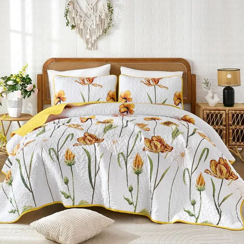 Vista 15 de WONGS BEDDING - Juego de edredón floral tamaño Queen, edredón botánico verde y amarillo con 2 fundas de almohada, juego de ropa de cama ligera