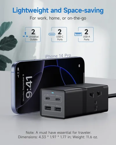 Vista 7 de Adaptador de viaje universal, 65 W GaN cargador rápido 6 en 1 con 2 salidas internacionales, 2 USB C, 2 puertos USB, cable de extensión de 6 pies