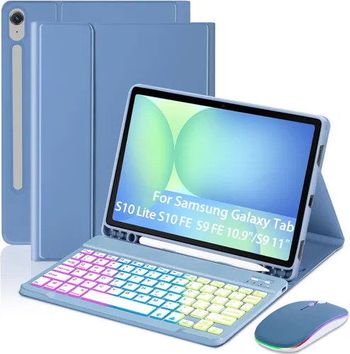 Vista 12 de EAMPANG Funda con teclado y mouse para Samsung Galaxy Tab S10 Lite/S10 FE 5G/S9 FE 10.9 pulgadas/S9 11 pulgadas, 7 colores arcoíris retroiluminado