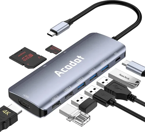 Vista 8 de Hub USB C, Acodot Adaptador USB C de 9 en 1 a HDMI 4K@60HZ multipuerto, 3 puertos USB 3.0, lector de tarjetas SD/TF, 100W PD, diseñado para MacBook
