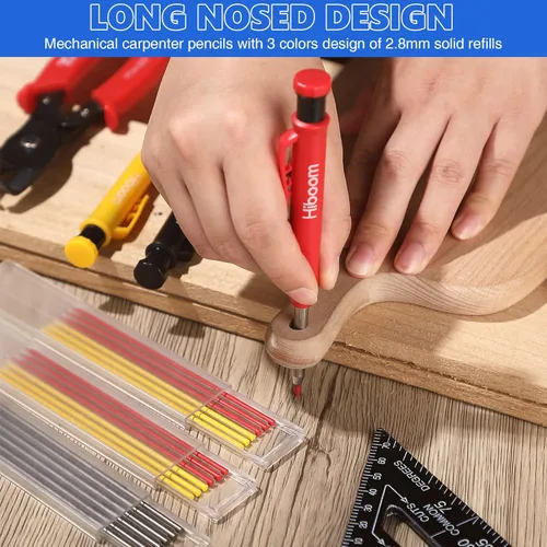 Vista 4 de Hiboom Lápices mecánicos de carpintero con agujeros profundos sólidos con sacapuntas y recambios integrados, punzón central automático, juego