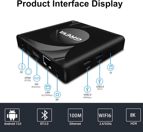 Vista 3 de GREVA 8K Android TV Box 13.0 2GB RAM 16GB ROM Smart TV Box RK3528 Chipset Soporte 2.4G/5.0G WiFi 6 HDR10 BT5.0 USB3.0 Ethernet LAN 3D 1080P 2K