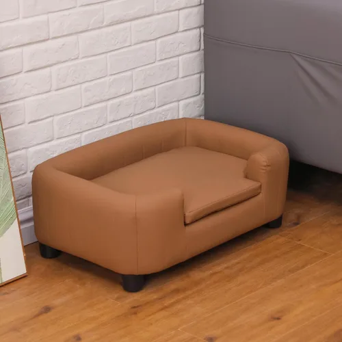 Vista 7 de Sofá moderno para mascotas de 25 pulgadas con tela resistente a los arañazos de PU y patas ajustables, sofá elevado para perros pequeños y medianos