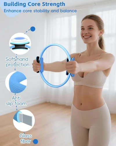 Vista 3 de Home Pilates Essentials Set de equipo de pilates para mujer con guía de usuario completa, anillo de pilates de 13 pulgadas, pelota de ejercicio