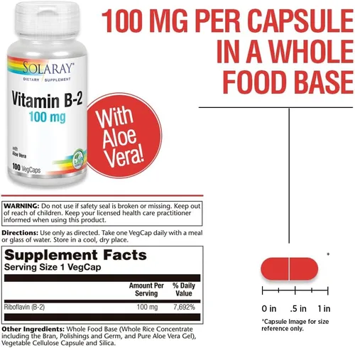 Vista 3 de SOLARAY Vitamina B-2 Riboflavina 100 mg con Aloe Vera Metabolismo energético saludable, piel, cabello y uñas 100 CT