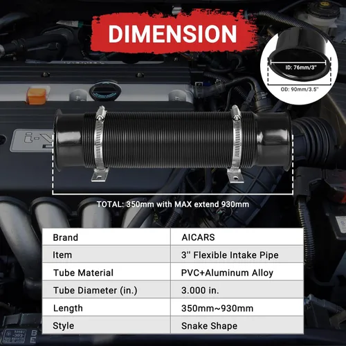 Vista 6 de Conducto de admisión del tubo de admisión, 3 pulgadas/2.992 in Tubo de entrada de frío de aluminio universal para automóvil automotriz- Negro