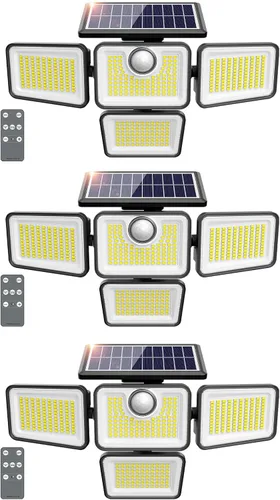 Vista 10 de Luces solares de 4500 lm para exteriores, 4 cabezales ajustables, luces con sensor de movimiento, 3 modos, luces de pared de seguridad solar