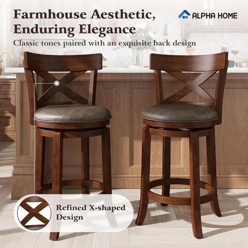 Vista 3 de ALPHA HOME Swivel Bar Stools with Backs, 26 Inch Bar Stools Set of 2, Wooden Bar Stools, 360 Degrees Bar Chairs with Solid Wood Legs & Wrap-Around