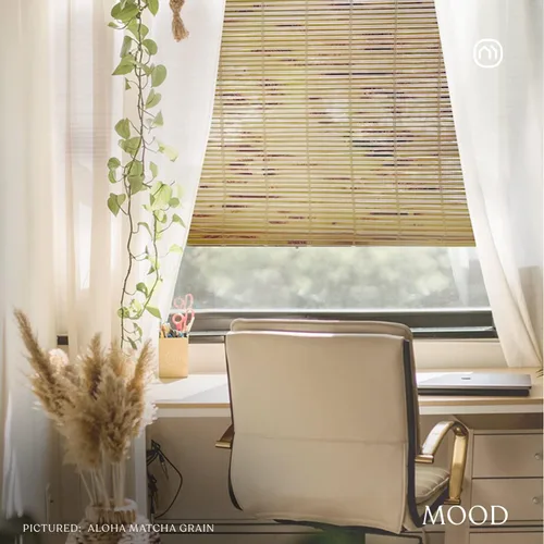 Vista 2 de MOOD Persianas de bambú personalizadas, Aloha, persianas romanas de bambú inalámbricas para ventanas y puertas (tejido natural), grano Aloha Matcha