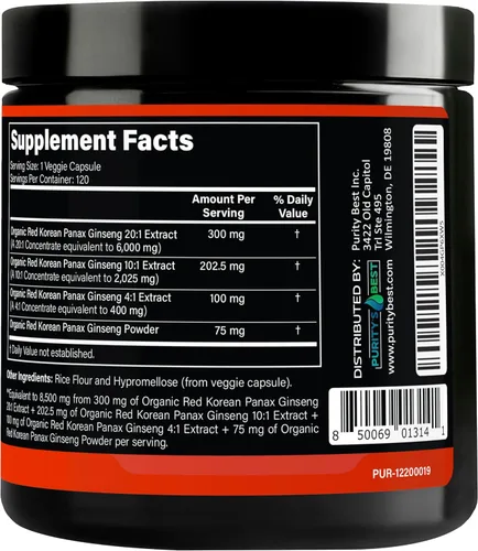 Vista 4 de Purity's Best Red Korean Panax Ginseng – 5% Ginsenósidos – Suplemento herbario – 120 cápsulas vegetales