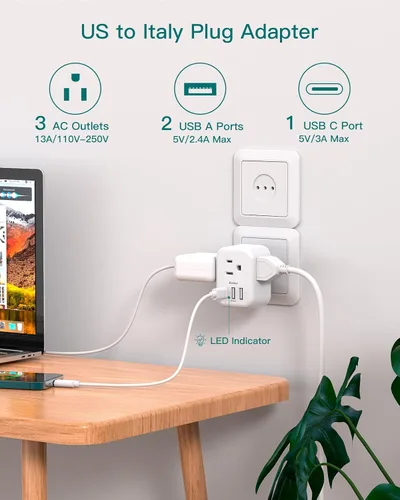Vista 3 de Addtam - Adaptador de enchufe de EE. UU. a Japón, adaptador de toma de 2 a 3 clavijas con 3 tomas de corriente AC y 3 puertos USB (1 USB C)