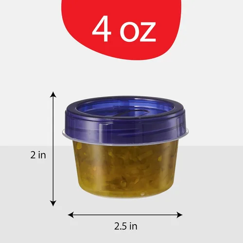 Vista 4 de PLASTICPRO Paquete de 6 Recipientes de Almacenamiento de Alimentos con Tapa Giratoria con Tapa Azul Atornillable - Recipientes Reutilizables de 4 oz