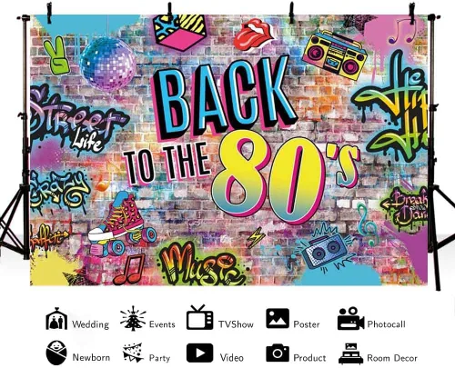 Vista 3 de AIBIIN Fondo de 7 x 5 pies de Back to the 80's Colored Graffiti Brick Wall 80s con temática de fotografía de fondo Splash Hip Hop Disco Retro 80's