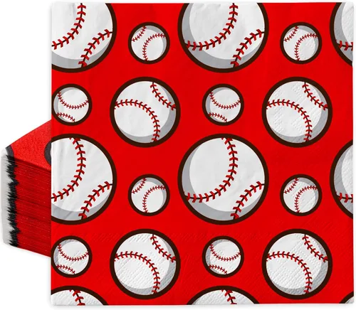 AnyDesign Paquete de 80 servilletas de papel de béisbol desechables de 6.5 x 6.5 pulgadas, servilletas de almuerzo de béisbol rojas y blancas