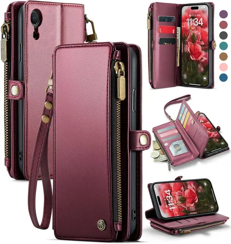 Vista 12 de Defencase Funda compatible con iPhone XR con tarjetero de bloqueo RFID para mujeres y hombres, a la moda, de piel sintética, magnética, cierre