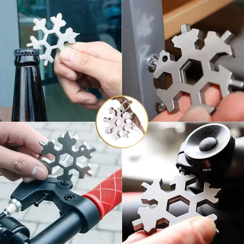 Vista 3 de Paquete de 3 herramientas múltiples de copo de nieve, multiherramienta de copo de nieve de acero inoxidable 18 en 1 para abridor de botellas y kit
