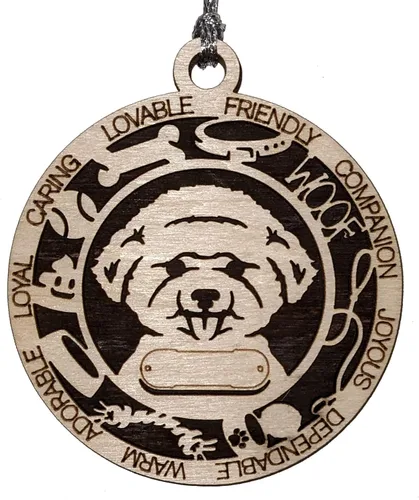 Vista 129 de Adorno de Navidad personalizado para perro Cavalier King Charles Spaniel, redondo de 3 pulgadas, madera cortada con láser de 2 capas, nombre y texto