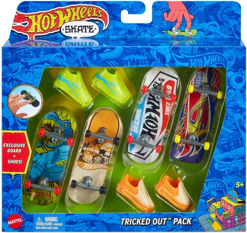 Hot Wheels Skate - 4 monopatines de dedo y 2 pares de zapatos de skate removibles, paquete trucado de tablas totalmente ensambladas, 1 juego