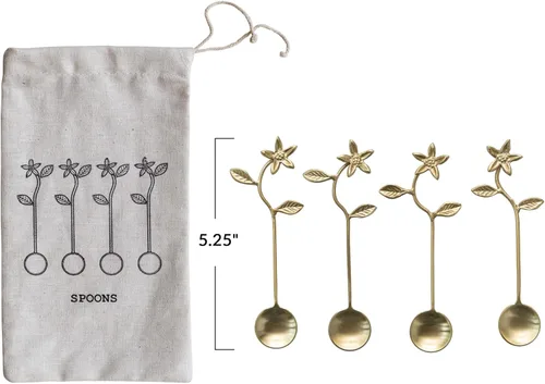 Vista 4 de Creative Co-Op 5.35 Cucharas de acero inoxidable y latón para cocina con asas de flores y bolsa con cordón, acabado dorado, juego de 4