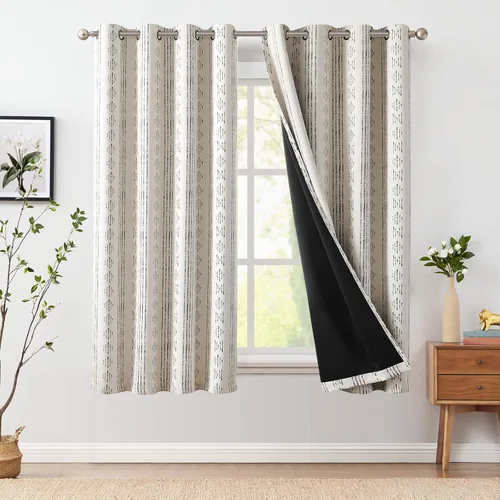 jinchan - Cortinas bohemias 100% blackout de 54 pulgadas de largo para dormitorio, estampado geométrico negro sobre beige, con ojales,
