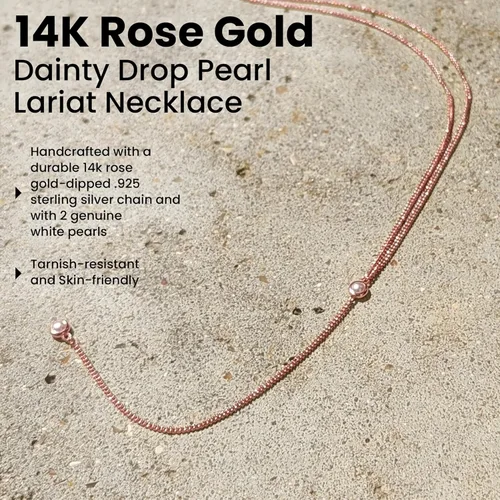 Vista 9 de Faire de la Mode 14k Gold Plated Sterling Silver Lariat Necklace with 2 Delicate Pearl in a 3.25" Dainty Drop Pendant, 16" - 19" Gold Plated