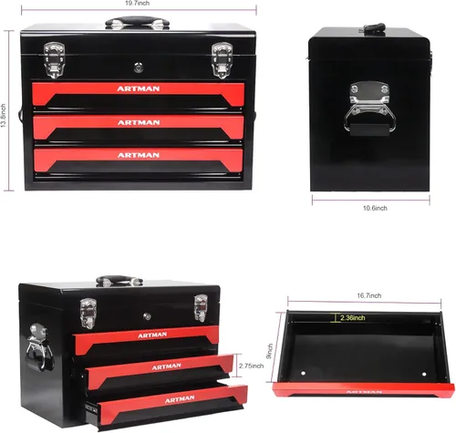 Vista 3 de Juego de herramientas mecánicas de 339 piezas con caja de metal resistente de 3 cajones, juego de caja de herramientas portátil para el hogar, kit