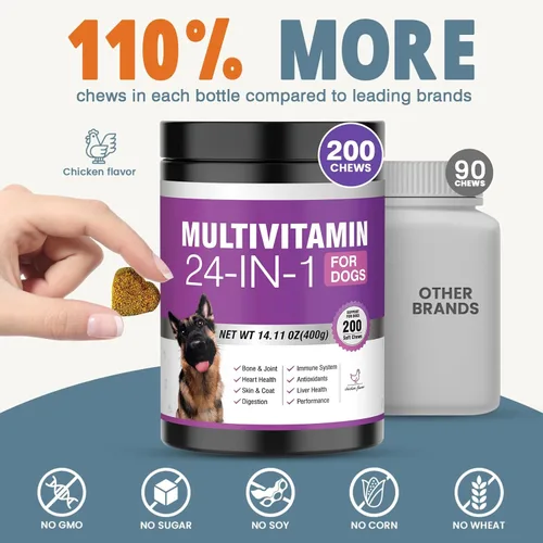 Vista 5 de Vitaminas y suplementos 24 en 1 para perros, 200 unidades, multivitamínico masticable, contiene condroitina, probióticos, Omega-3, glucosamina