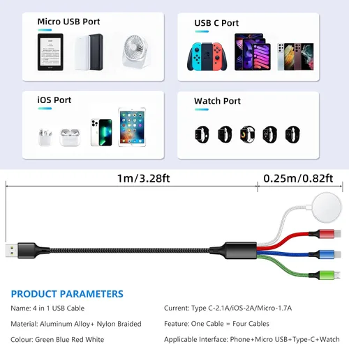 Vista 4 de Travel Essentials - Cargador de iWatch y iPhone 4 en 1, cable de carga múltiple para Apple Watch, USB C, micro nailon, compatible con iWatch