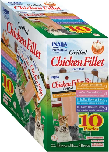 INABA - Golosinas Premium para gatos con filete de pollo a la parrilla, con vitamina E y extracto de té verde, 0.9 onzas cada una, paquete de 10,