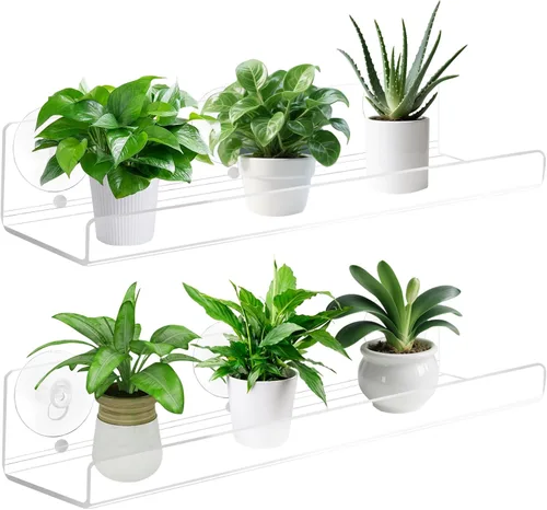 Vista 9 de Juego de 2 estantes flotantes de acrílico transparente de 6'' para montaje en ventana, 2 estantes, 5 cm de profundidad, peso máximo de 2.27 kg
