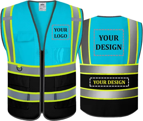 Vista 15 de BeautyWill Chaleco de seguridad con logotipo personalizado, certificado ANSI, 8 bolsillos, Clase 2, chaleco reflectante de alta visibilidad