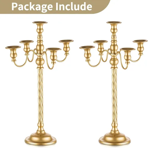 Vista 6 de Nuptio Candelabro alto dorado de 21 pulgadas, portavelas de 5 brazos, 2 portavelas cónico de metal, soporte de velas, centro de mesa para boda