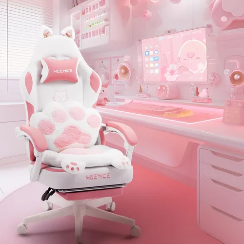 Vista 11 de Silla de Juegos Rosa Bonita con Orejas de Gato, Soporte Lumbar con Forma de Pata y Cojín, Silla Ergonómica para Computadora con Reposapiés, Silla