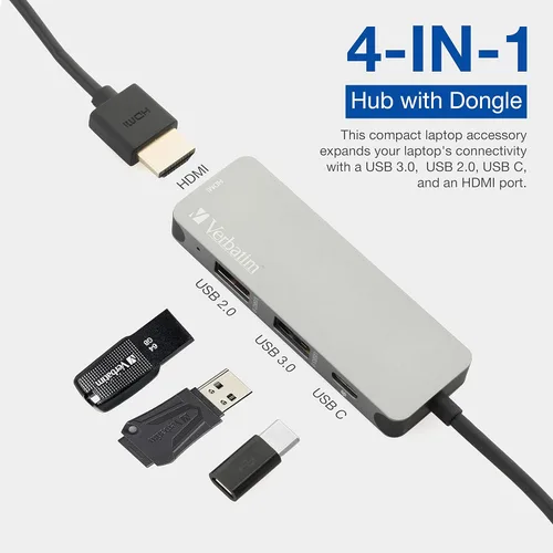 Vista 3 de Verbatim - Adaptador 4 en 1 USB C Hub con 4K HDMI, 60W Power Delivery, USB 3.0, USB 2.0 para portátiles USB C