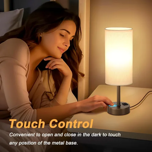 Vista 4 de Lámparas de mesa táctiles de noche para mesita de noche de dormitorio con puertos de carga USB-C USB-A, lámpara de escritorio pequeña regulable de 3
