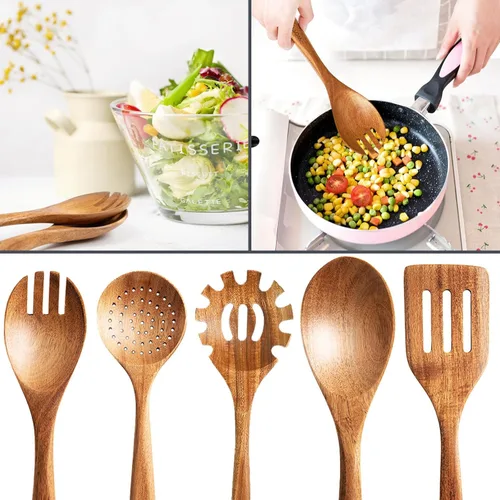 Vista 3 de Cucharas de madera para cocinar, juego de utensilios de cocina de madera de 5 piezas hechos de material de madera maciza natural, incluye cucharas