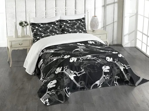 Vista 9 de Lunarable Colcha de dinosaurio, diseño de esqueleto de dinosaurio de color blanco, huesos de tiranosaurio y estampado de calavera, juego de colcha