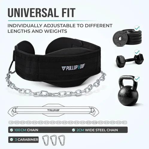 Vista 5 de PULLUP & DIP Cinturón de levantamiento de pesas para fortaleza adicional y construcción muscular, cinturón de peso con cadena de acero y 3
